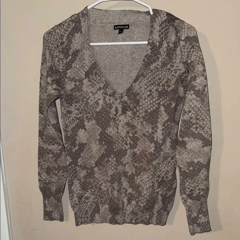 Express Snake Skin Grey V-Neck Sweater for Women